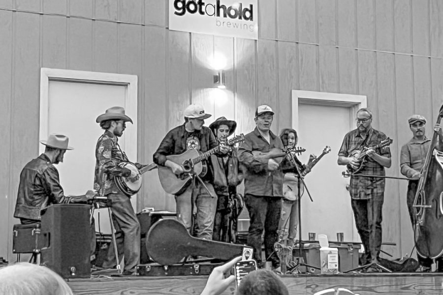 bluegrass band on stage at brewery