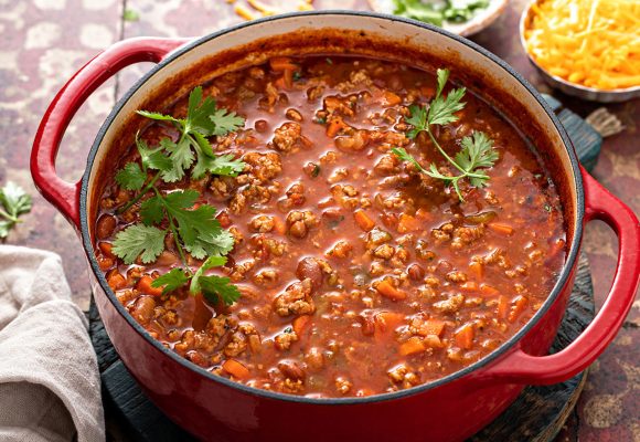 dutch oven filled with chili