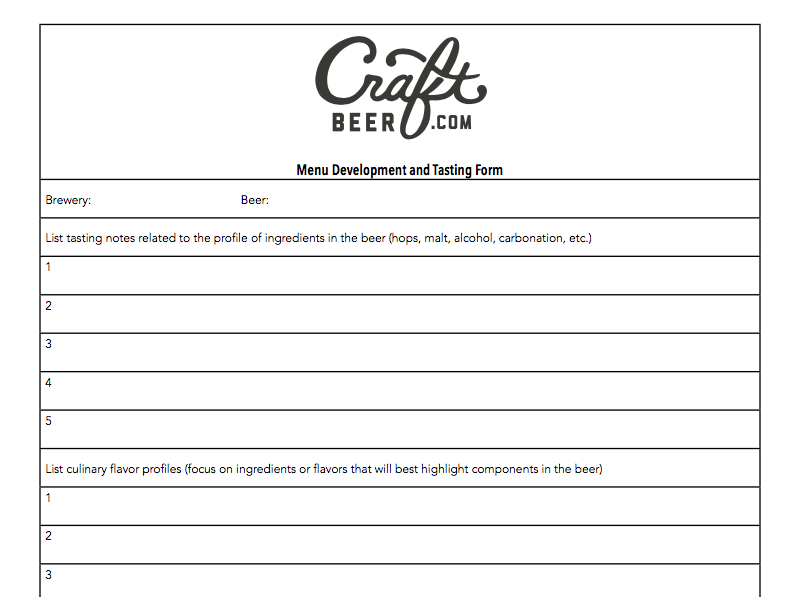 beer and food Menu Development Form